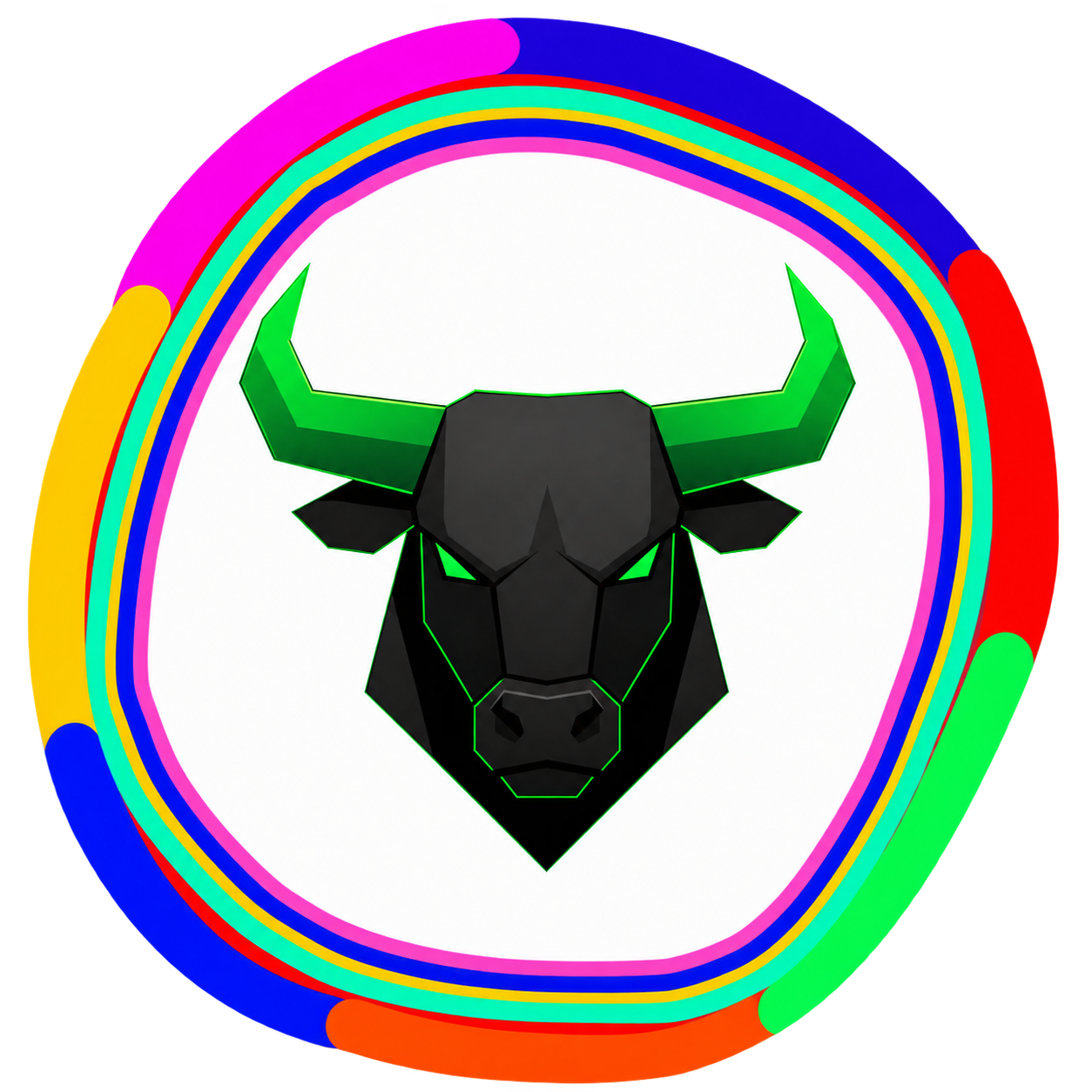 $BULLPRO logo: a black low-poly bull head with neon green horns inside a rainbow ring